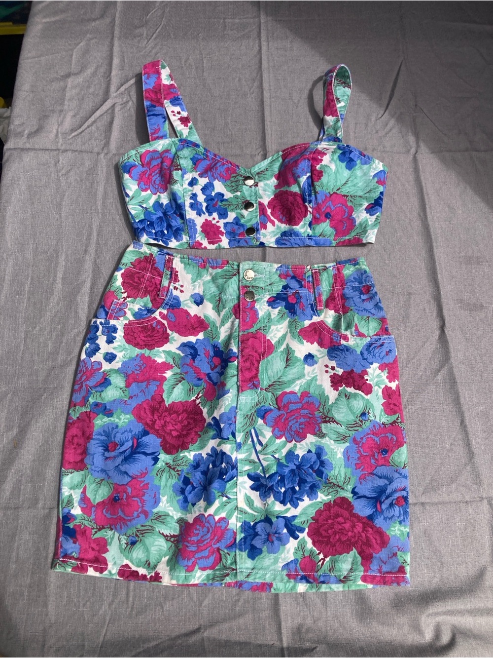 Vintage Paris Blues Denim Floral Crop Top & Skirt Set western boho Y2K 90s